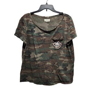 RL Denim Supply Camo Tee Beaded Pocket Boho Military T Shirt Womens